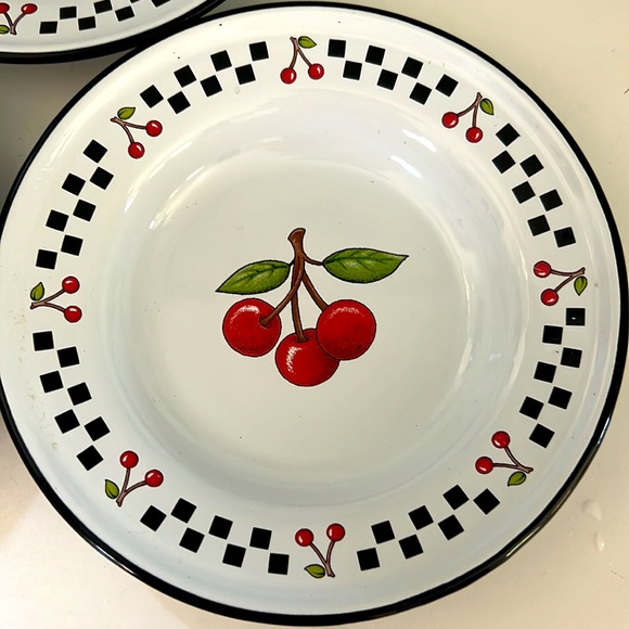 Vintage Mary Engelbreit 3 Cherries Salad Plates Enamelware Black white Checks - Picture 2 of 5